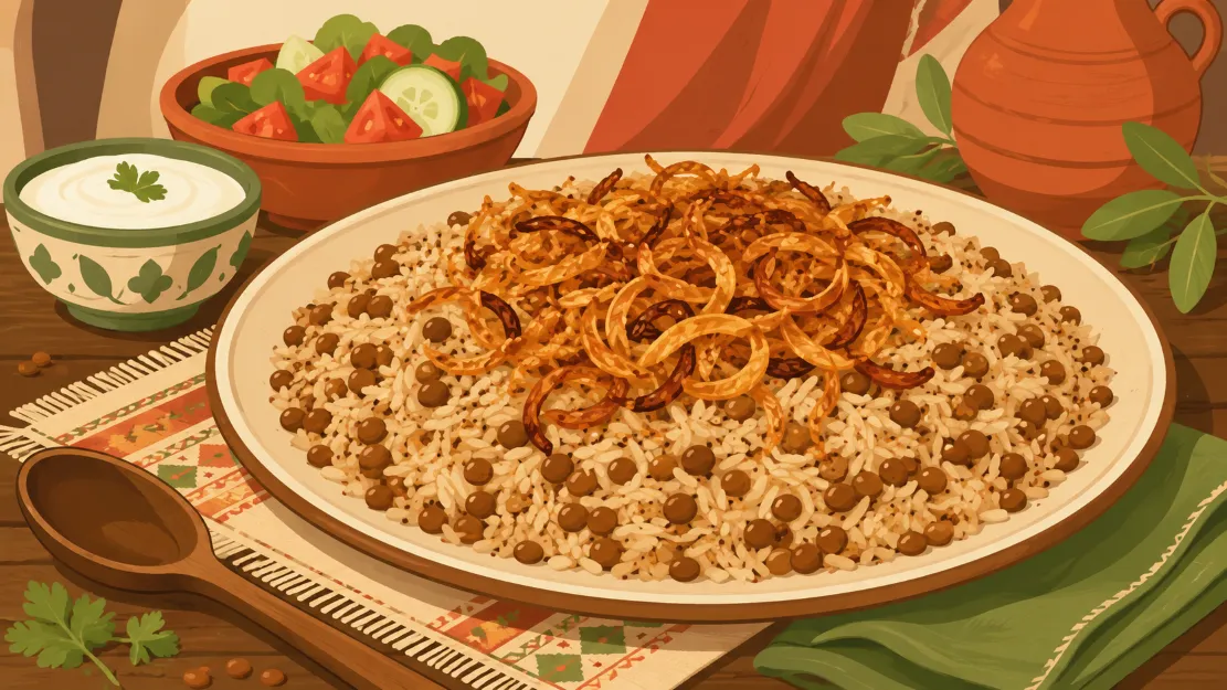 طبق المجدرة بالأرز والعدس والبصل المقلي